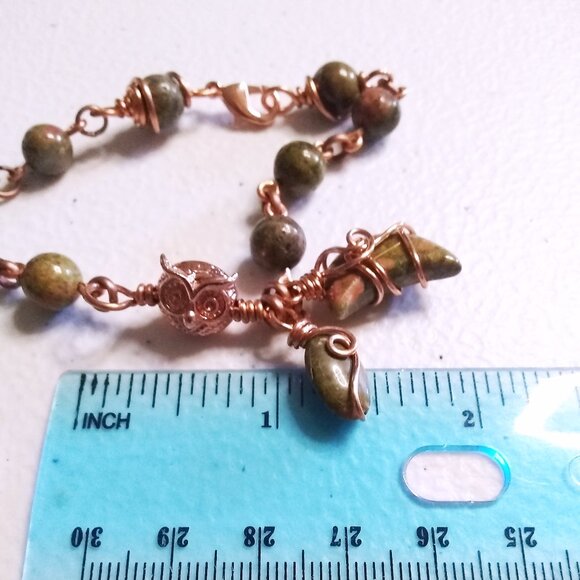 Hand Crafted! Unakite Jasper & Copper Owl + Wire Wrapped Unakite Moon Bracelet - Picture 9 of 13